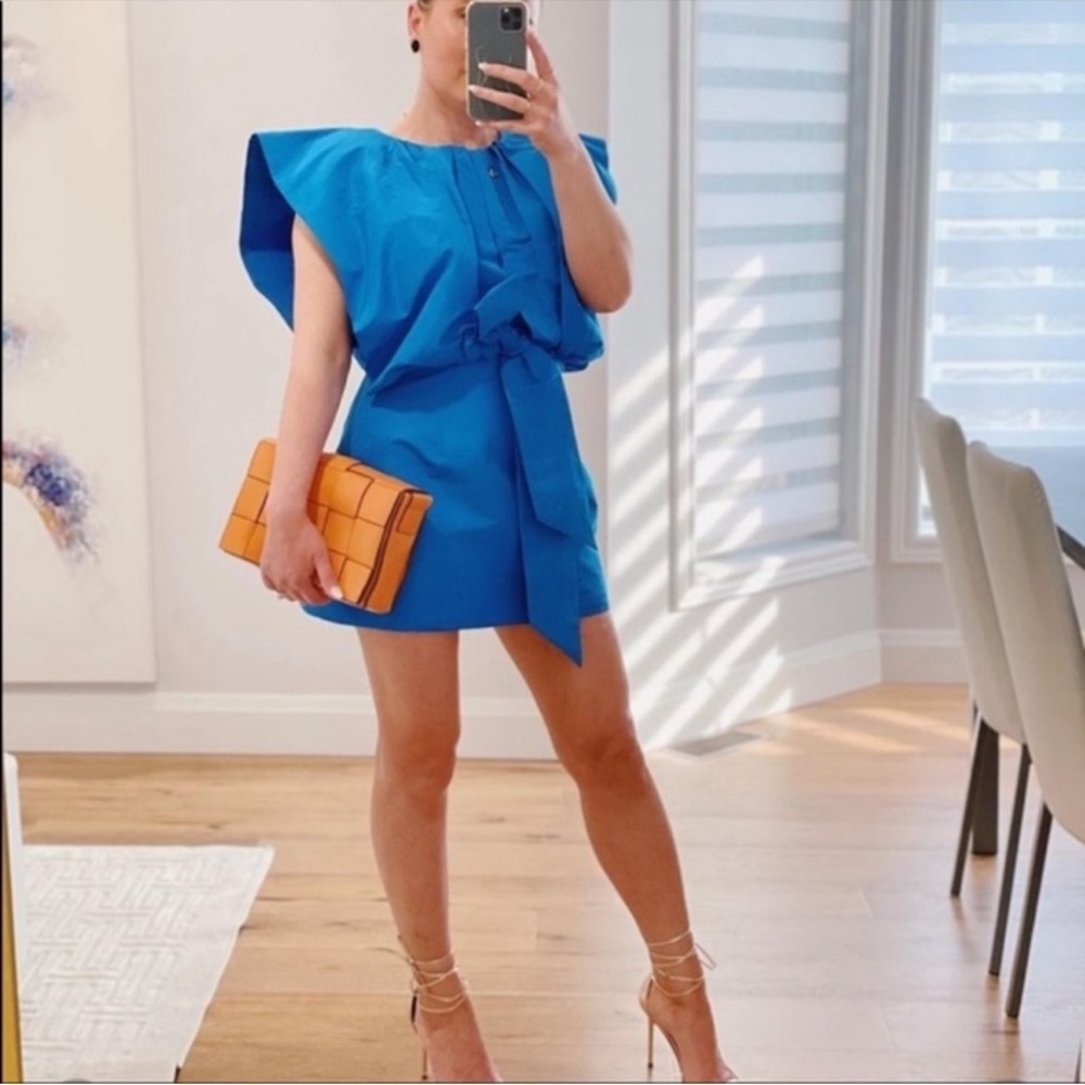 Zara Electric Blue Pleated Cape Tie-Front Mini Dress - Picture 3 of 8